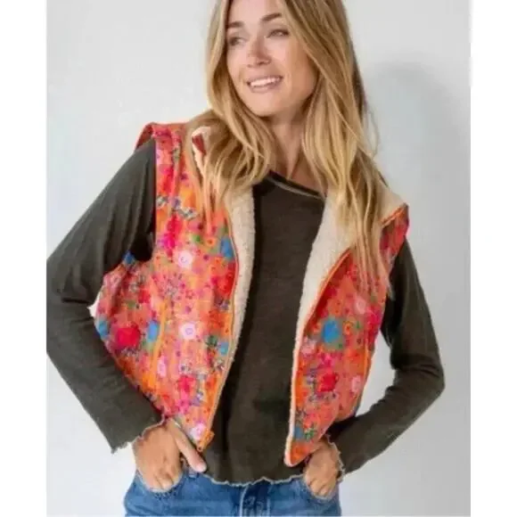 Natural Life Floral Sherpa Lined Cropped Puffer Vest Size XL - Picture 1 of 5